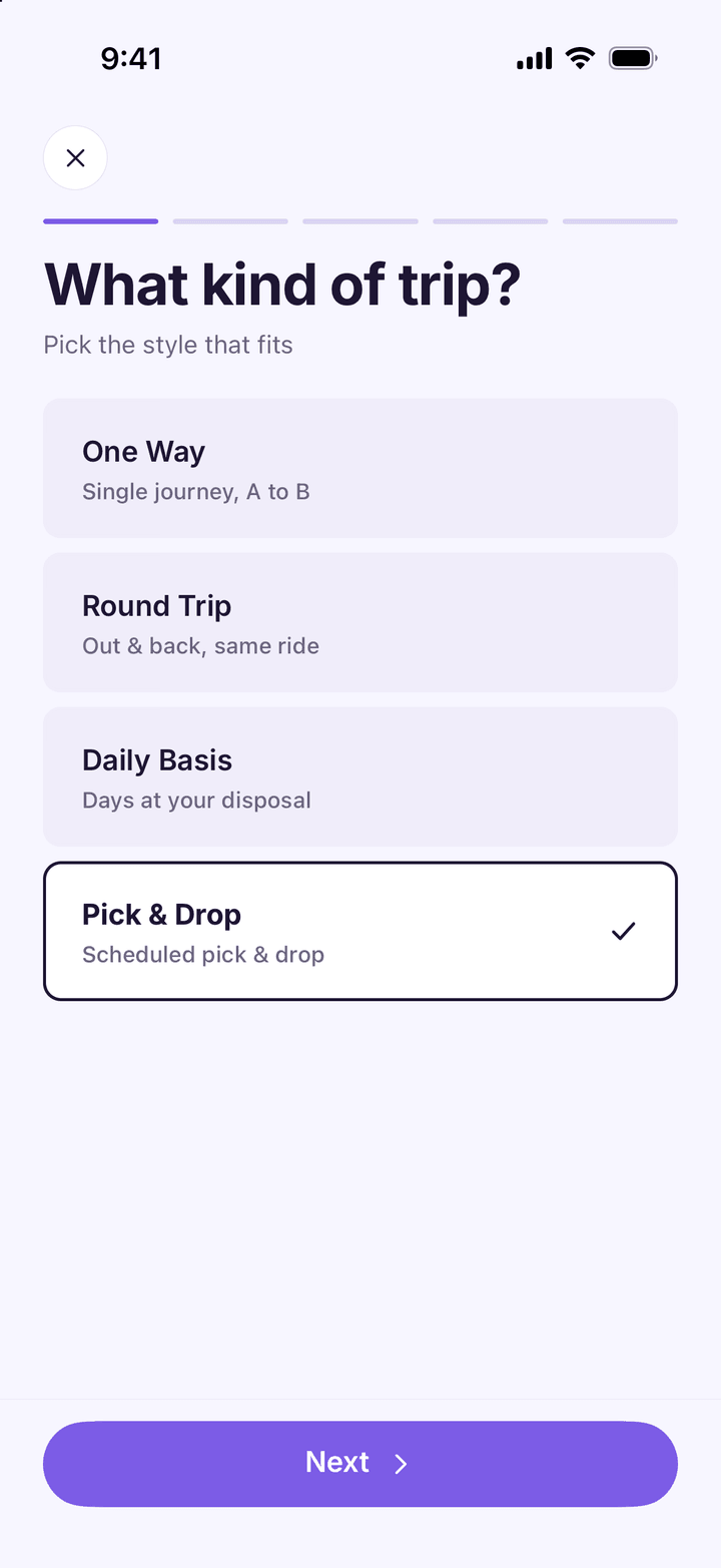 Purple Cars app asking what kind of trip, with Pick & Drop selected
