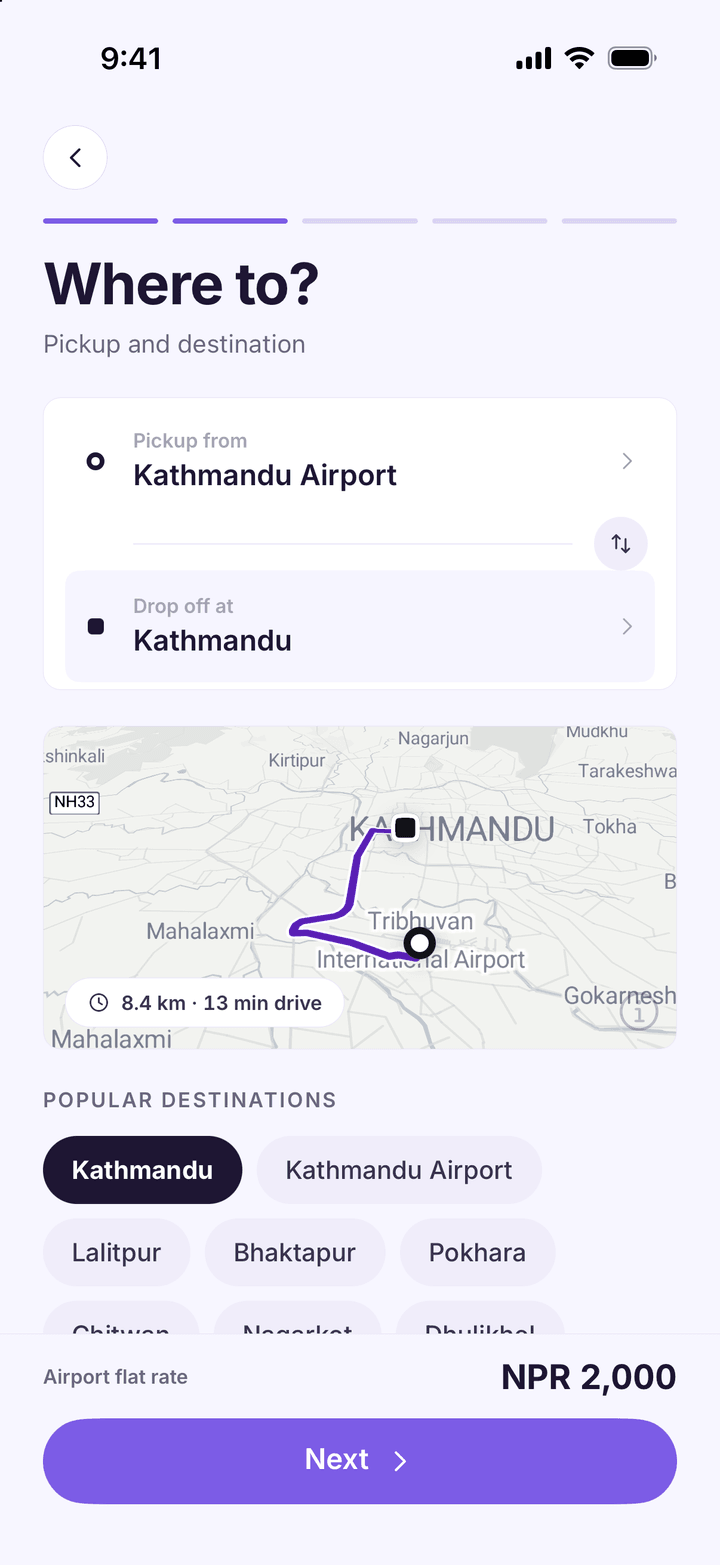 Route step from Kathmandu Airport to Kathmandu, 8.4 km and 13 minutes on the map