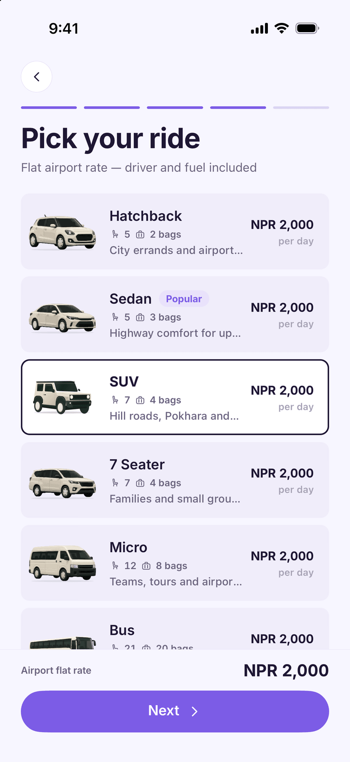 Vehicle step showing the flat airport rate for every car class, SUV selected