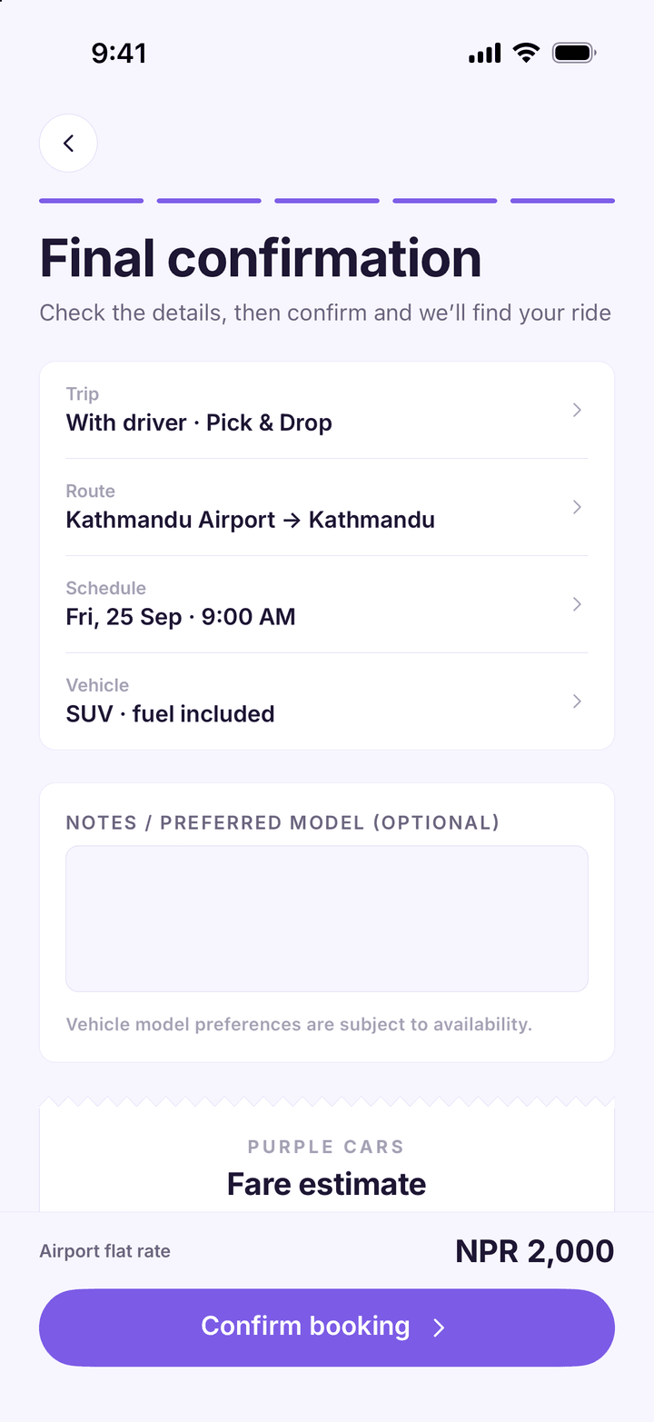 Final confirmation for a Pick & Drop from Kathmandu Airport with a notes field for the flight