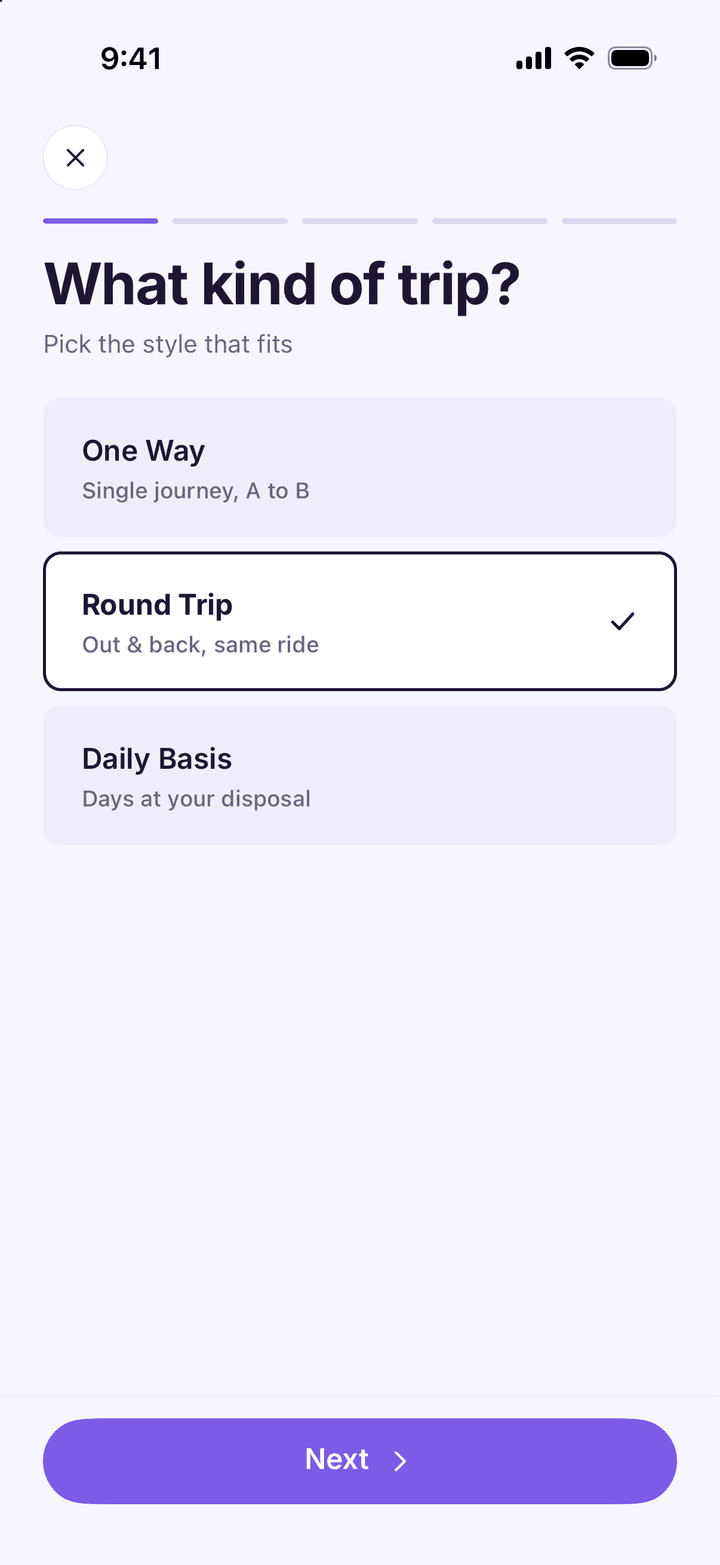 Purple Cars app asking what kind of trip, with Round Trip selected