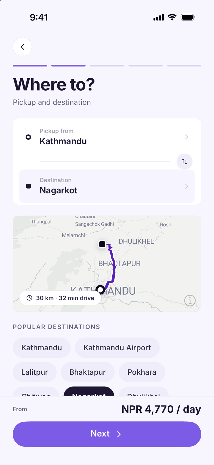 Route step from Kathmandu to Nagarkot, 30 km and 32 minutes on the map