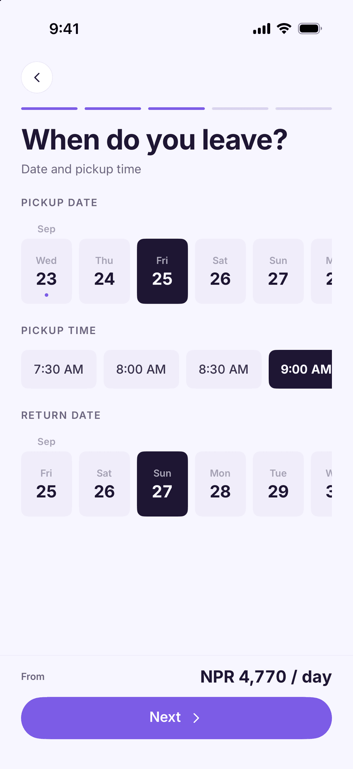 Date step with pickup on Friday 25 September at 9:00 AM and return on Sunday 27 September