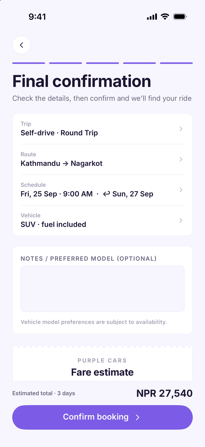 Final confirmation for a self-drive round trip from Kathmandu to Nagarkot with the fare breakdown