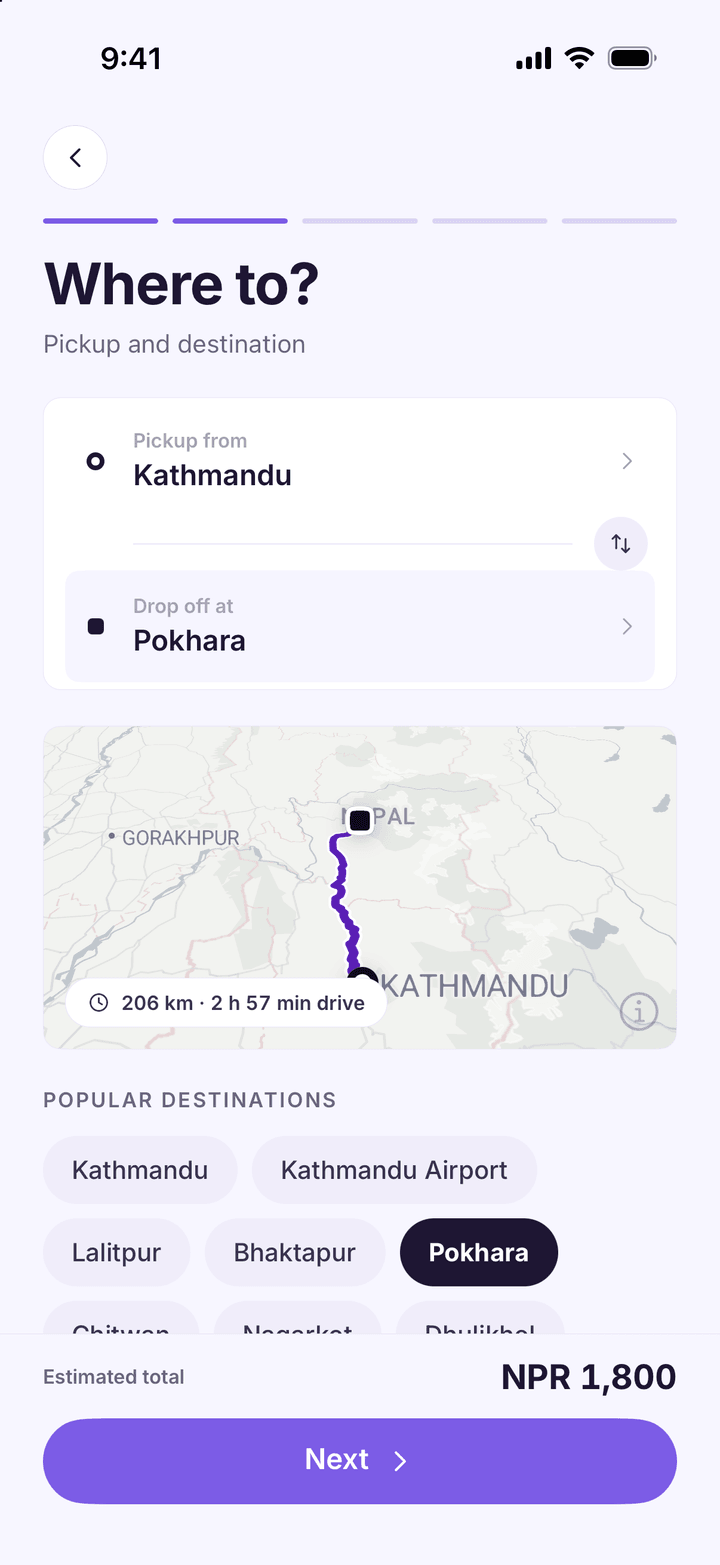 Route step from Kathmandu to Pokhara, 206 km and about three hours on the map