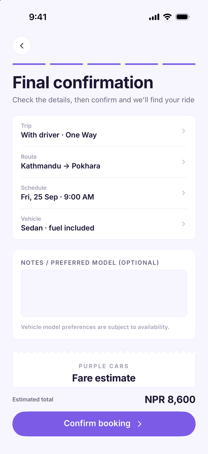 Final confirmation showing the trip, route, schedule, vehicle and fare breakdown
