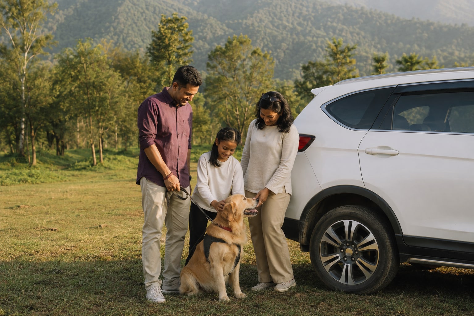 A family with their golden retriever beside a white SUV in the green hills of Nepal