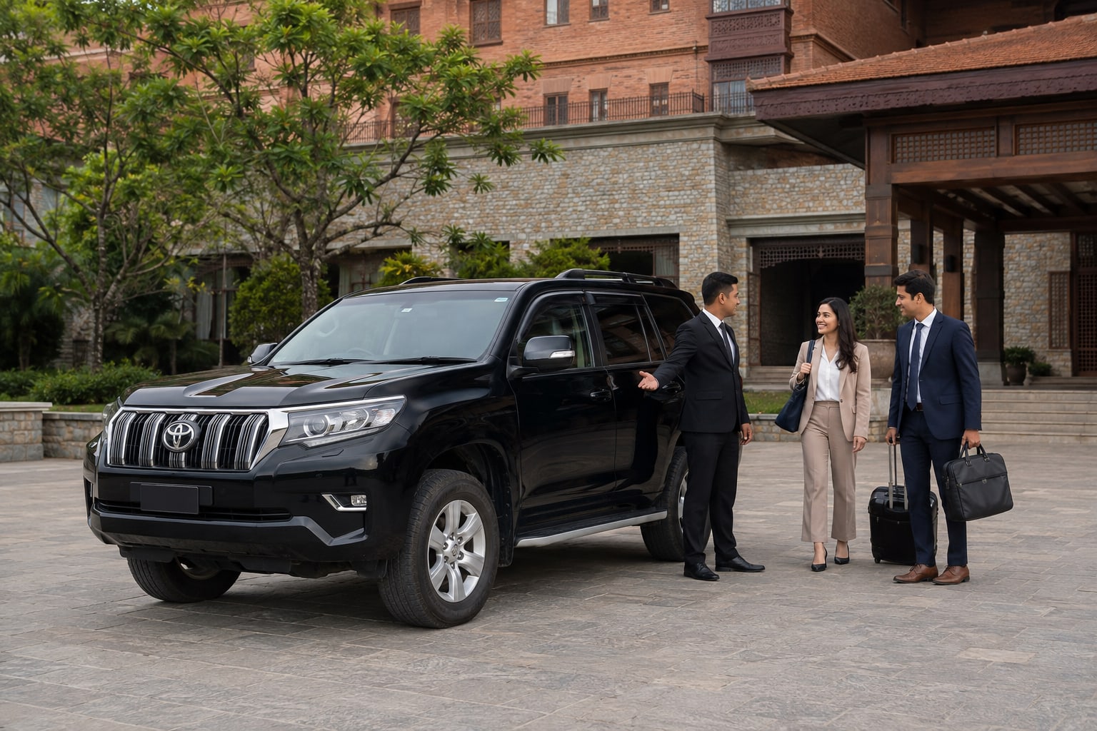 A chauffeur welcoming business travellers beside a black Toyota Land Cruiser Prado at a hotel in Kathmandu