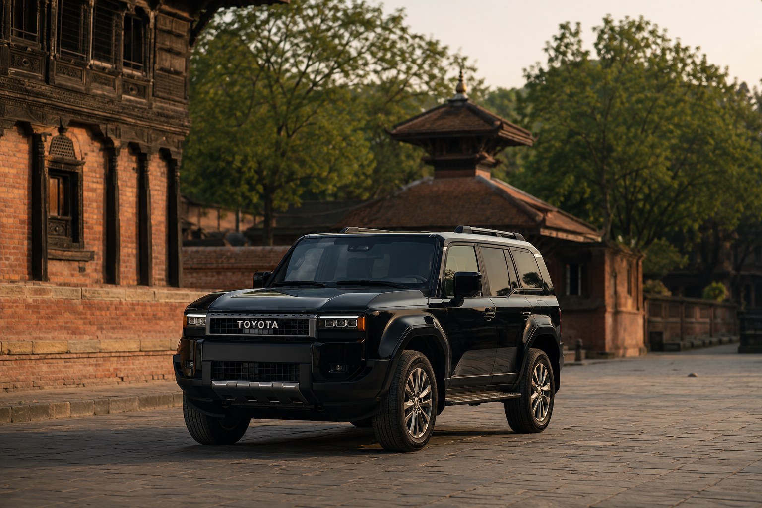 A black Toyota Land Cruiser parked beside traditional brick architecture in Kathmandu