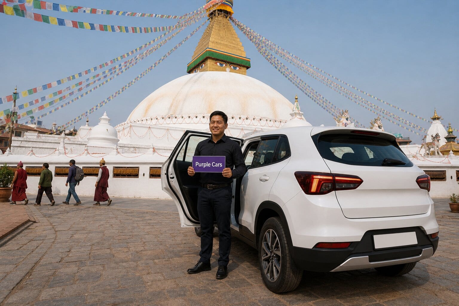 A Purple Cars driver beside a white SUV at Boudhanath Stupa, Kathmandu