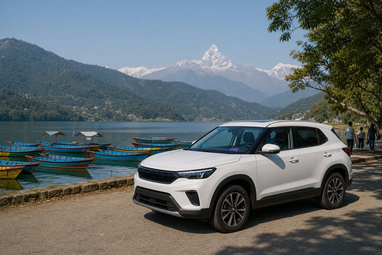 White Purple Cars SUV parked on the lakeside road at Phewa Lake, Pokhara, with rowing boats and Machhapuchhre behind