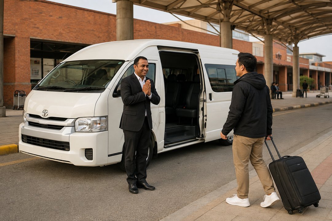 A chauffeur welcoming a traveller at airport pickup in Kathmandu