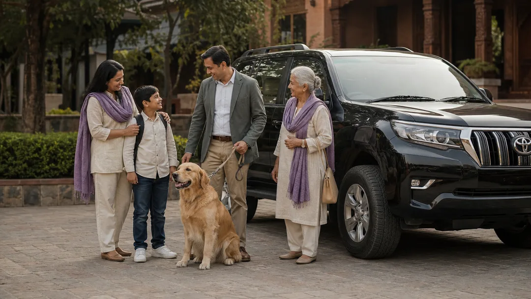 A family and their dog getting ready to travel together in Nepal