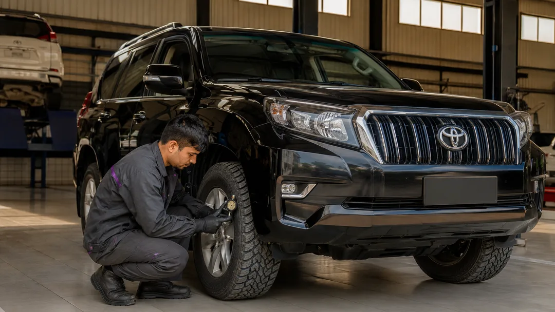 A technician inspecting a Toyota SUV before a journey