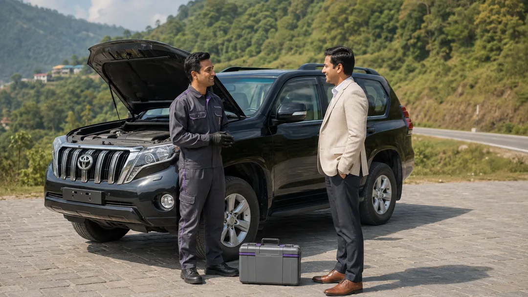A roadside assistance technician helping a traveller beside a parked SUV