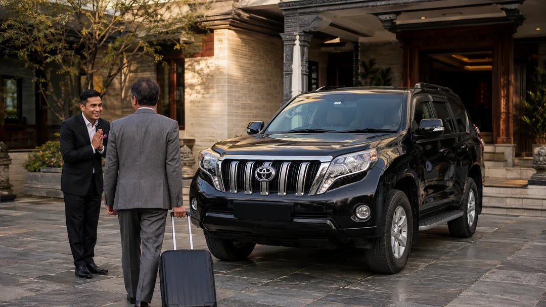 A chauffeur welcoming a business traveller outside a Kathmandu hotel