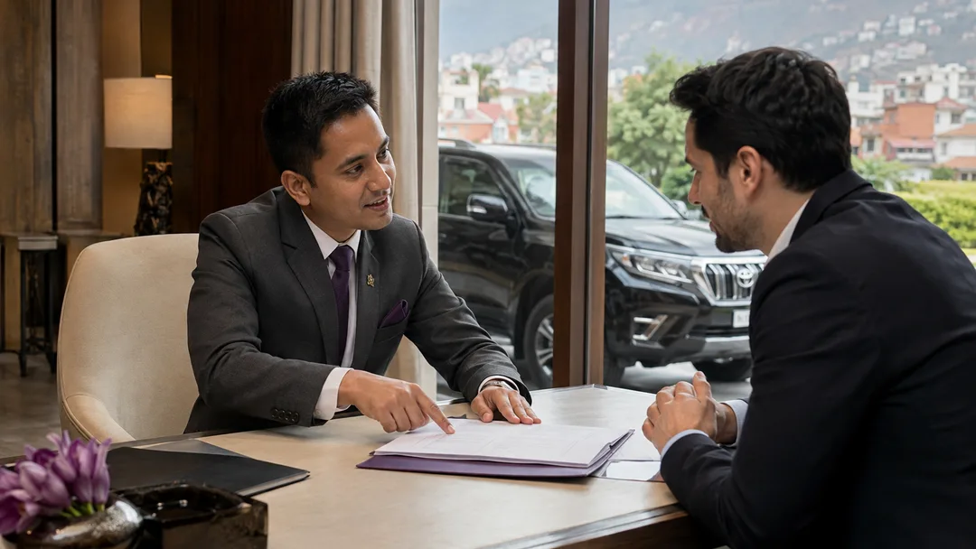 A concierge explaining rental details to a customer