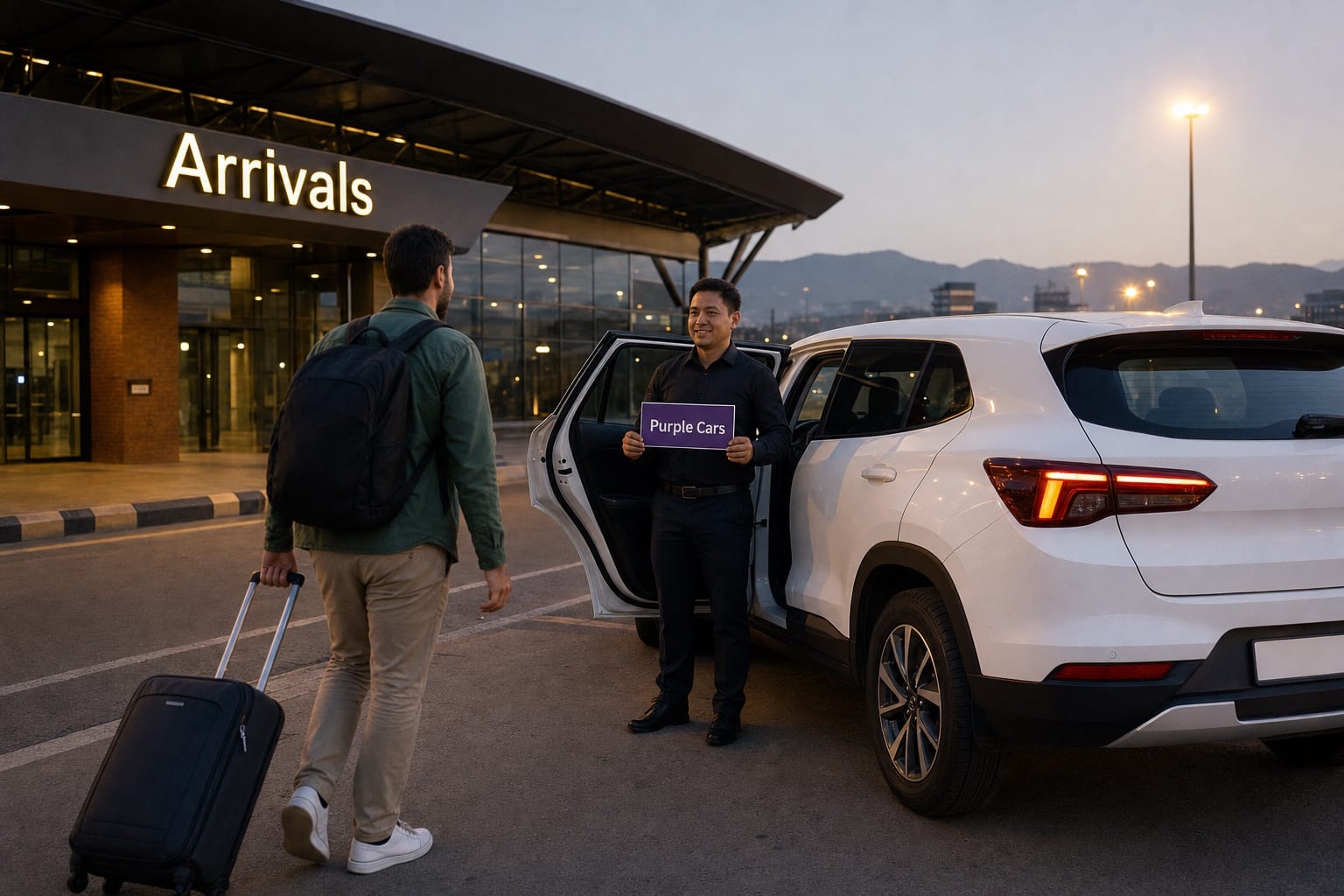 White SUV with a Purple Cars sign waiting at the arrivals kerb of Tribhuvan International Airport, Kathmandu